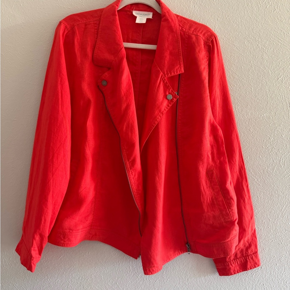 Cynthia Rowley Linen, Vibrant Red Utility Jacket. PTP 22”, Length 24.5”!3.